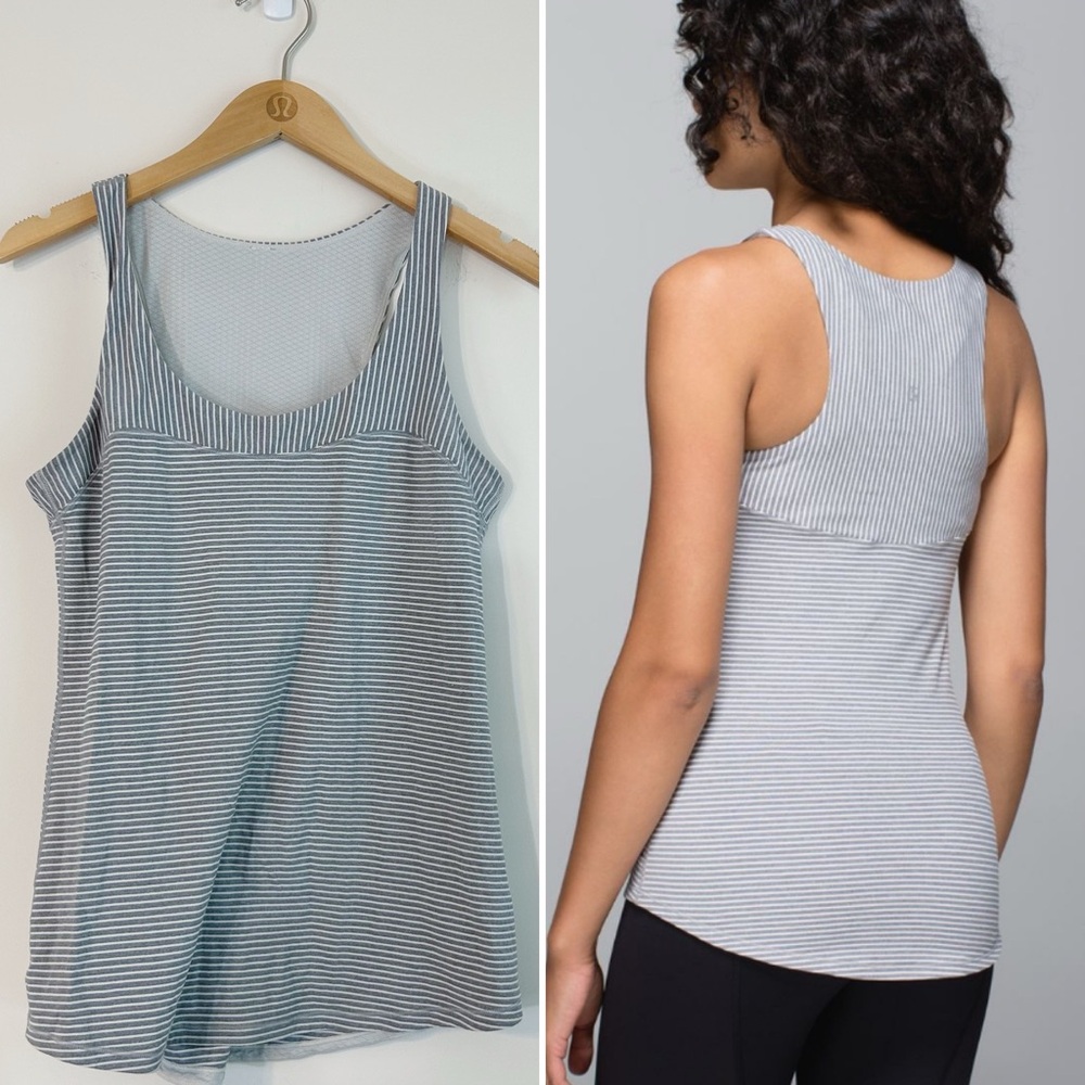 LULULEMON Run: First Base Tank Hyper Stripe Heathered Slate Ghost Gray White 8